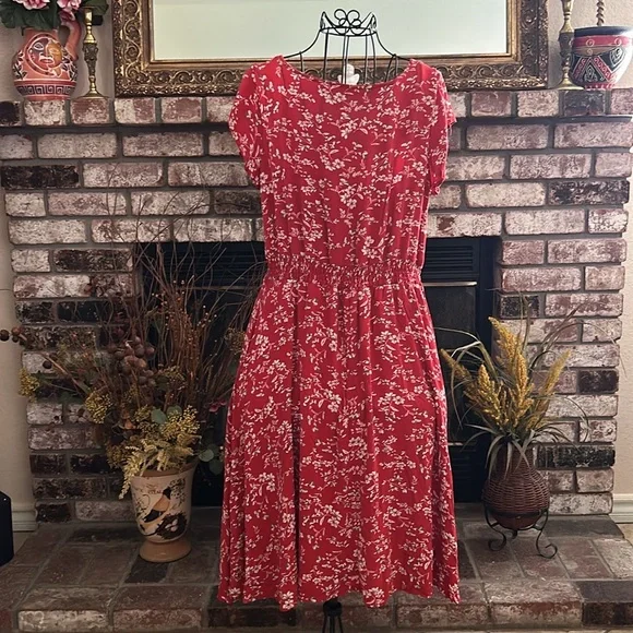 Red Indigo Rose Dress With White Floral Pattern V-Neck Sz L - Picture 5 of 6